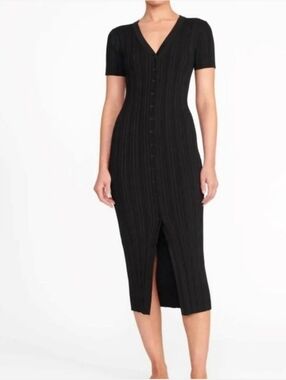 Staud Animal Ribbed Black Button Down Midi Dress In Black Size Medium